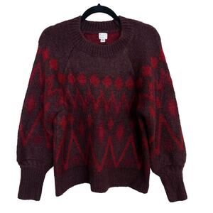 A New Day Fairisle Cozy Soft Sweater Fuzzy Burgundy Red XSmall XS Womens Crew